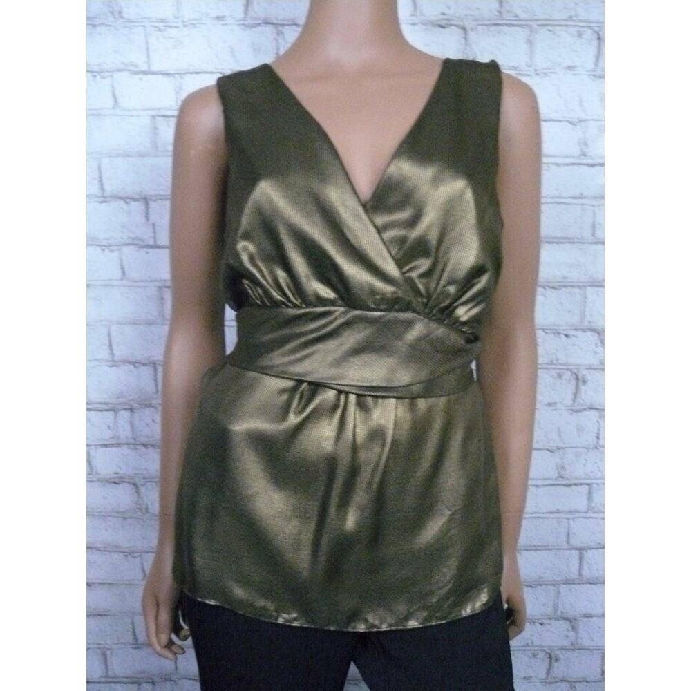 $70 Ann Taylor Metallic Gold Black Surplice Blouse w/ Attached Sash 6 NEW